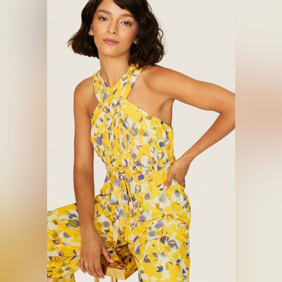 IEENA FOR MAC DUGGAL
Yellow Crossed Halter Tie Waist Jumpsuit (D7) - Picture 9 of 14
